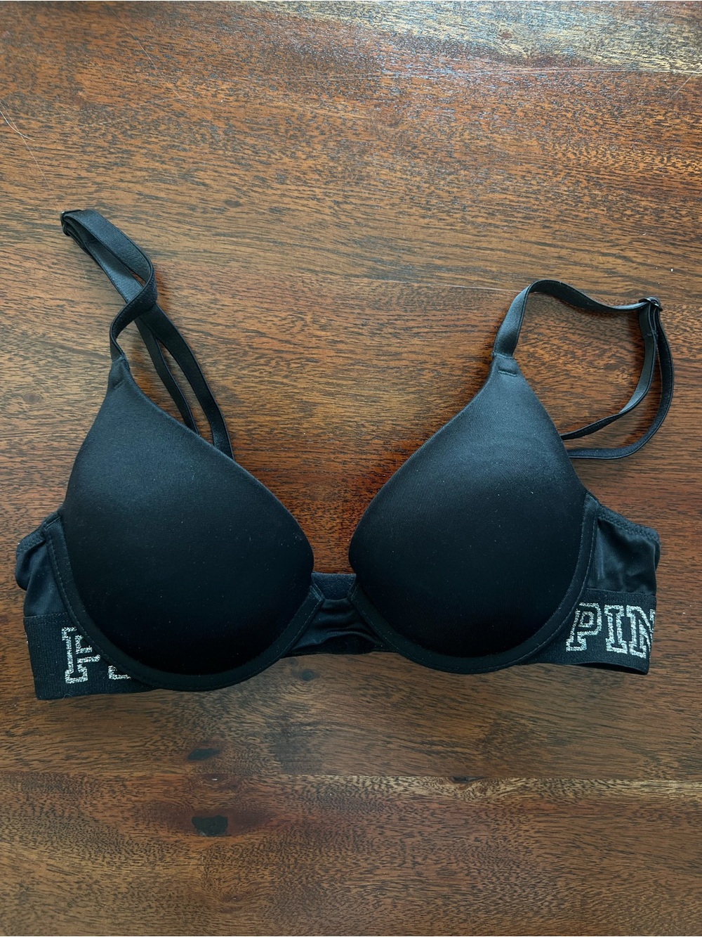 PINK Victoria's Secret Black wear everywhere Push-Up Bra with glitter Logo Band